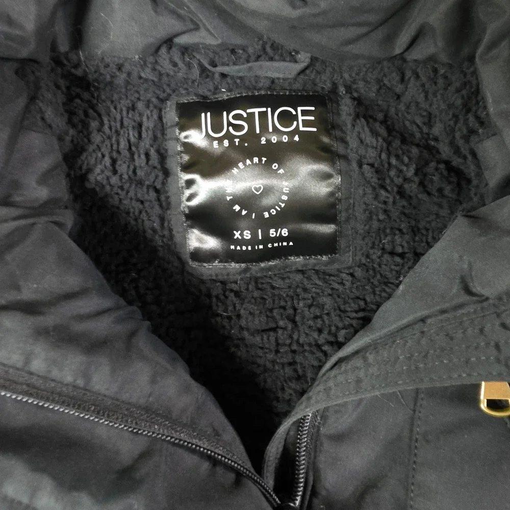 Justice Girls Black Parka Jacket Faux Fur Hood Sherpa Lined Size XS 5/6 NWT
